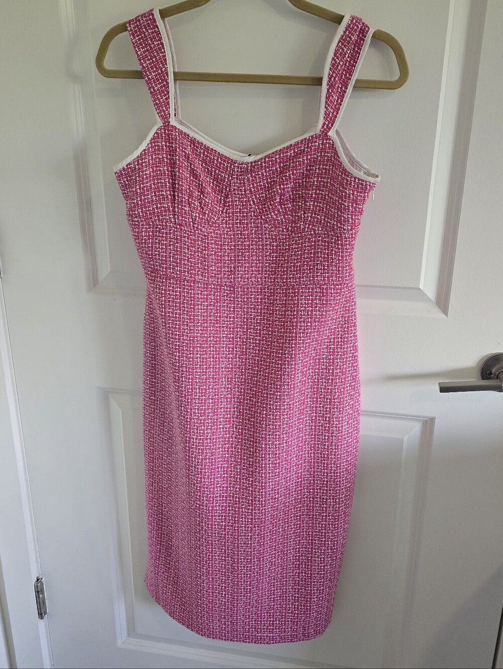 Nicole Miller Hot Pink Tweed Midi Sheath Dress with White Trim